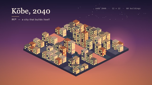 Kōbe, 2040: an isometric city of lit blocks at dusk