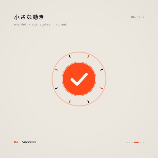 Small Motions: a single ink dot becomes typing dots, a progress bar, a toggle and a check mark on warm paper with one vermilion accent
