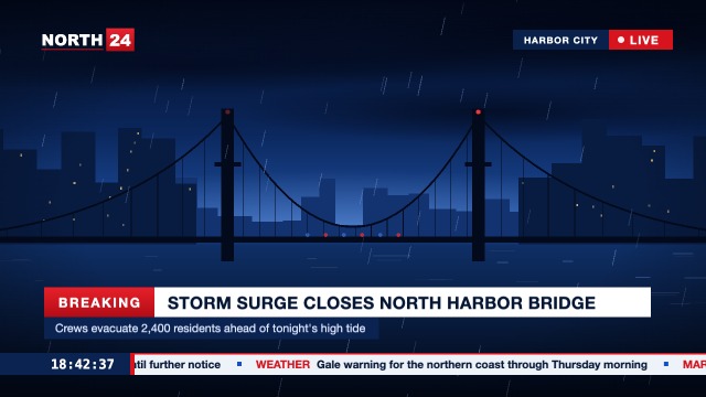NORTH 24 Breaking: a rainy harbour bridge at night with a BREAKING lower third and a news ticker