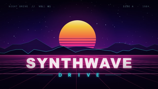 Synthwave Drive: a striped sun over a neon grid and the glowing title SYNTHWAVE DRIVE