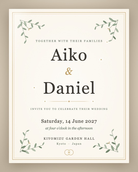 Wedding Invitation: a cream card with a double gold border, botanical sprigs, and the names Aiko and Daniel in serif