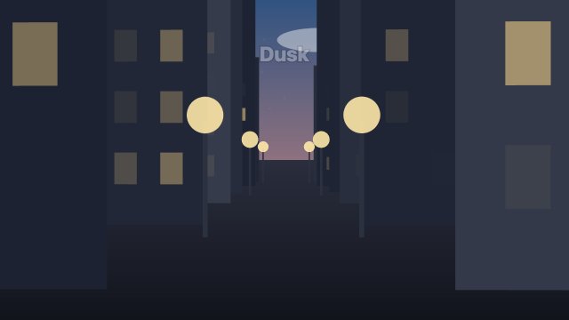 A dusk street seen from the middle of the road: dark towers on both sides, lit windows and street lamps, a purple sky ahead